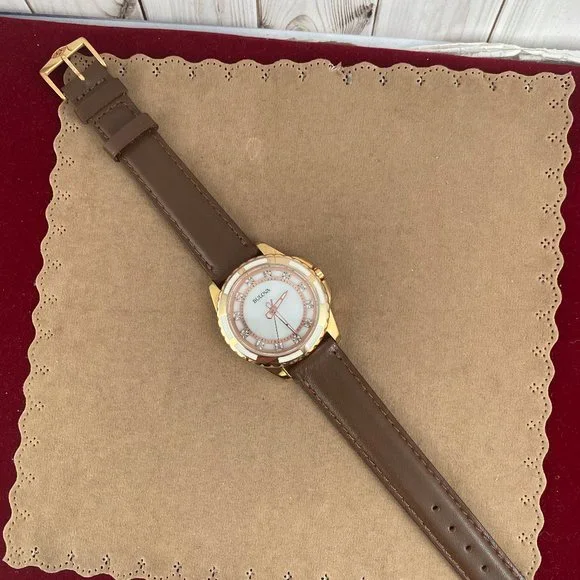 Bulova 2 Tone White Enamel and Rose Gold Crystal Dial New Brown Leather Strap - Picture 5 of 8